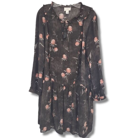 Caslon Black Dress Pink Floral Print LS Scoop Tie Ruffle Accents Drop Waist S - Picture 1 of 13
